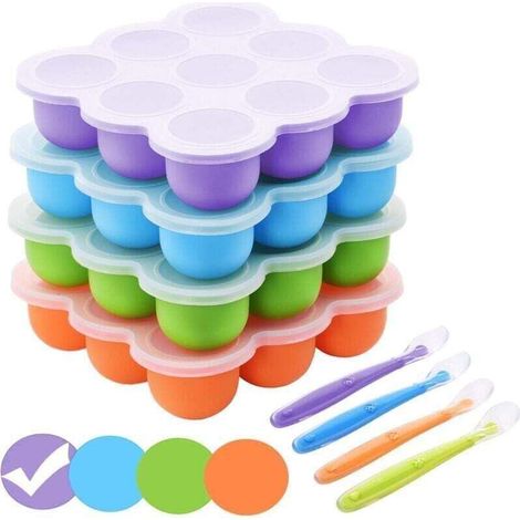 Boîte de Rangement Congelée Pour Aliments Pour Bébés, Bébé Récipient en Silicone avec Couvercle Hermétique et 9 Alvéoles Indépendantes, Stockage De Nourriture Plateau de Congélateur, 9 x 75ml, Violet (1/4)