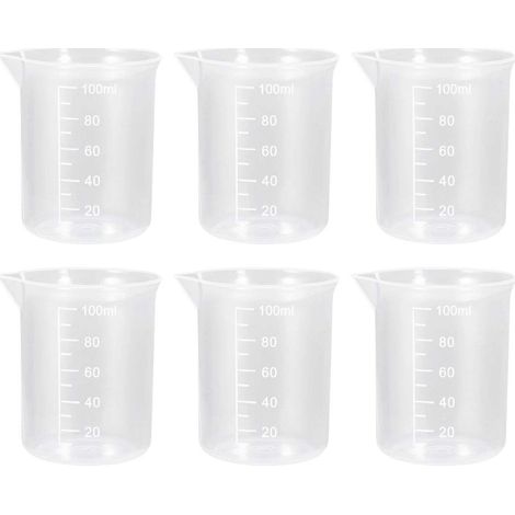 Lot de 6 béchers en plastique de 100 ml pour le dosage de liquides en laboratoire. (1/5)