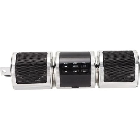 Enceinte Bluetooth sans fil pour moto, étanche IP54, alimentation CC 12 V, fixation sur guidon, couleur argent.