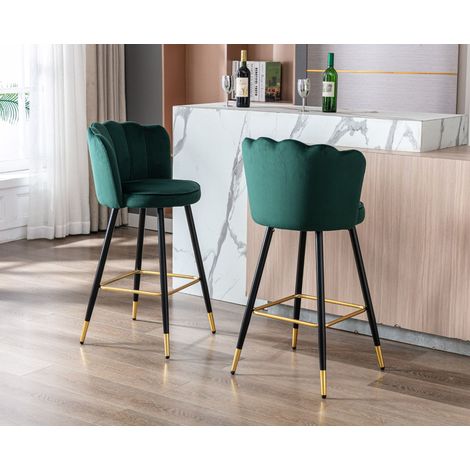 Wahson Lot de 2 tabourets de bar en velours vert – Hauteur d'assise 66 cm – Pieds en métal noir – Design moderne pour cuisine et bar