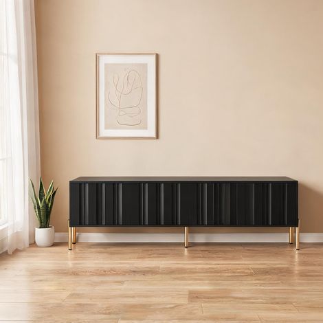 Meuble TV noir 190 cm avec portes rainurées et pieds dorés (1/5)