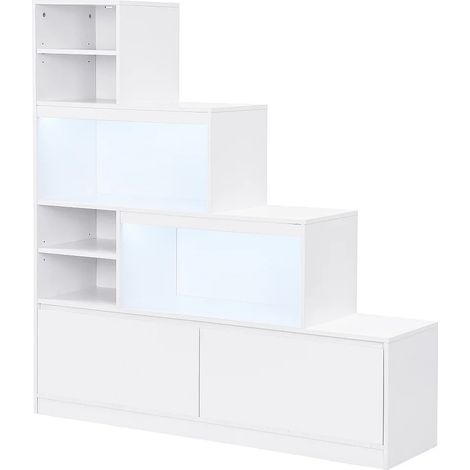 Vente-Unique – Meuble à chaussures 2 portes avec 6 niches – MDF blanc mélaminé – Avec LEDs blanches – Armoire à chaussures à poser au sol (1/5)