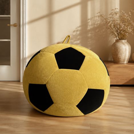 Sillón puff con forma de balón de fútbol, 100 x 80 cm, franela, amarillo-negro HAVRYA (1/5)