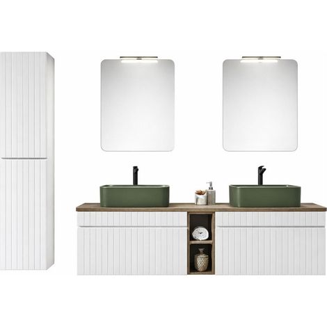 Insieme ICON bianco: mobili sotto lavabo 180cm con nicchie visibili + due lavabi da appoggio verdi + specchi + LED + colonna