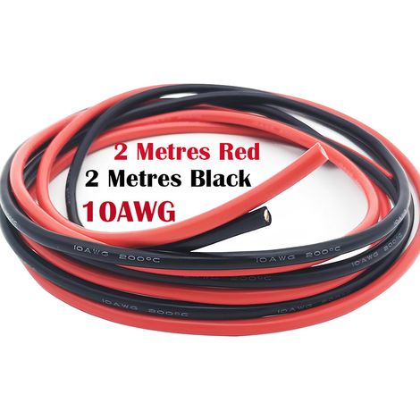 Fil de silicone de 10 AWG, (2 mètres noir et 2 mètres rouge) fil flexible de silicone du fil de cuivre étamé résistant à hautes températures pour voiture RC, drone etc. (1/4)