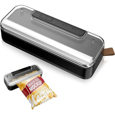 Mini scelleuse de sacs en aluminium : Scelleuse de sacs transparente noire, 2 en 1 avec coupe-sacs intégré pour la cuisine, les voyages et (1/5)