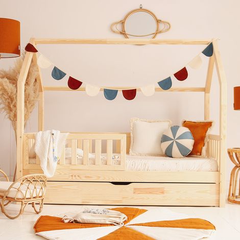 Cama cabaña 90x190 con barandilla somier y cajón Daisy Madera (1/4)