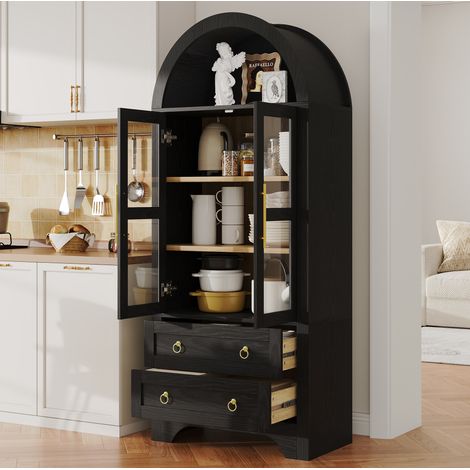 Credenza alta 76.2x40.1x180 cm, con ante in vetro trasparente, 2 cassetti, ripiani regolabili, MDF e vetro nero (1/5)