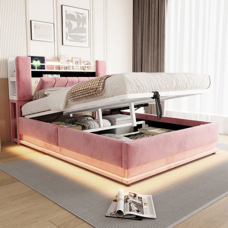 DESMIU Lit Coffre 140 × 200 cm LED, USB, Rangement Tête de Lit et Vérin Hydraulique, Sans Matelas, Velours Rose (1/5)
