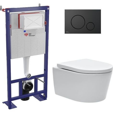 Swiss Aqua Technologies Pack WC bâti-autoportant + WC SAT sans bride fixations invisibles + Abattant softclose + Plaque noir mat (SMART-SATrimless-M678)