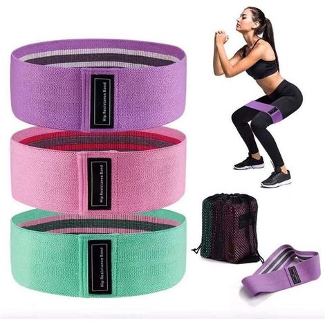 set di 3 fasce elastiche di resistenza - fasce di resistenza - fasce di tensione - adatte per casa e palestra - verde/rosa/viola - poliestere/cotone (1/5)