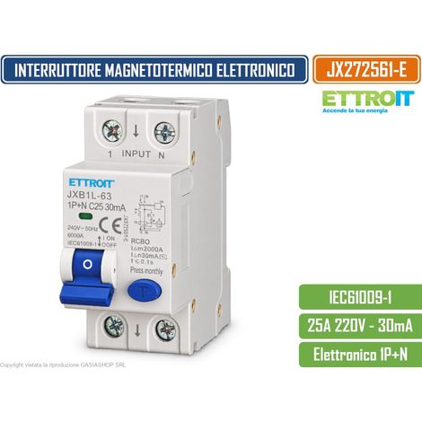 ETTROIT JX272561-E INTERRUTTORE MAGNETOTERMICO DIFFERENZIALE SALVAVITA ELETTRONICO RCBO 1P+N 25A C25 30MA 6KA 240V 2 MODULI DIN (1/4)