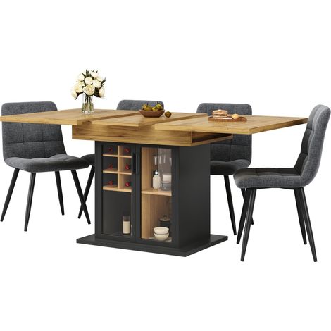 Mesa de Comedor para 4 a 6 Personas Extensible con Botellero Extraíble y Puerta de Vidrio Negro (1/5)