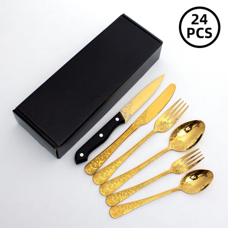 (Ensemble de 24 pièces - doré) Ensemble de couverts chinois en acier inoxydable plaqué or (couteau, fourchette et cuillère).