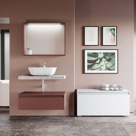 Mobile bagno legno 80 cm con lavabo e specchio Ruggine Opaco - NINFA (1/3)