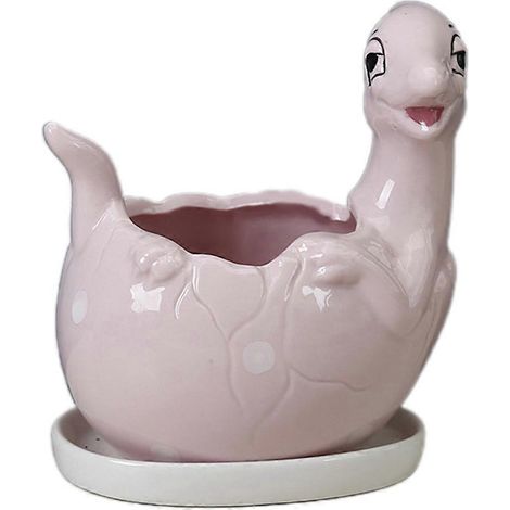 Pot de fleurs en céramique rose avec motif dinosaure mignon et drainage (1/5)