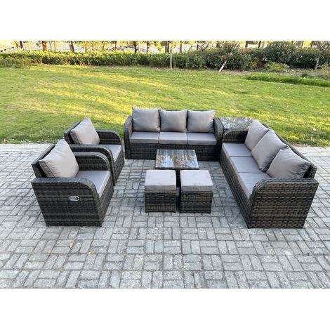 Fimous Hoher Rücken Polyrattan Gartenmöbel Set mit Quadratischer Couchtisch Beistelltisch 2 kleine Fußhockern Garten Lounge Set Dunkelgrau Gemischt (1/5)