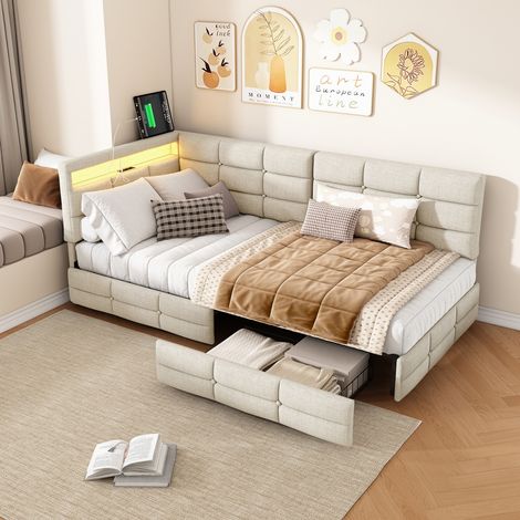 Canapé-lit 90x200-Lit avecavec dossier amovible (réversible)-cadre de lit simple avec LED et USB/Type C-lit avec 2 tiroirs -lit 1 Personne-tête de lit rembourré-MDF, Beige-lin (1/5)