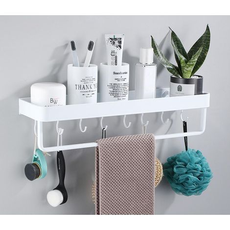 Étagère de rangement murale flottante en métal pour salle de bain - Économie d'espace - Antirouille - Extra solide - Avec 4 crochets et barre porte-serviettes (30 cm) (1/5)