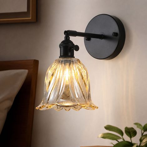 Applique murale rétro en verre épais, corps en fer peint et base en aluminium, douille E27 avec interrupteur intégré, réglable à 90°