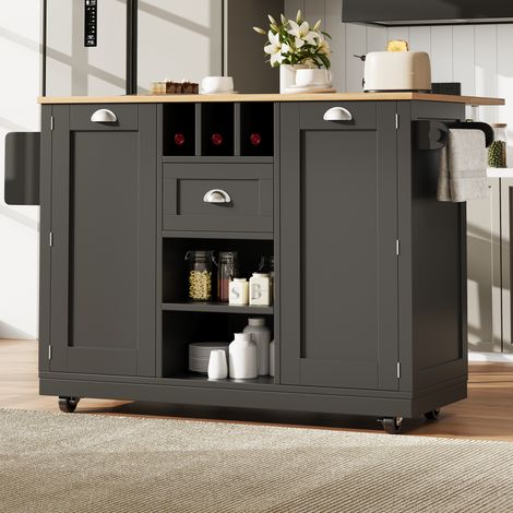 Isla de cocina 140/70/93,5 cm negra con tapa abatible, ruedas y botellero (1/5)