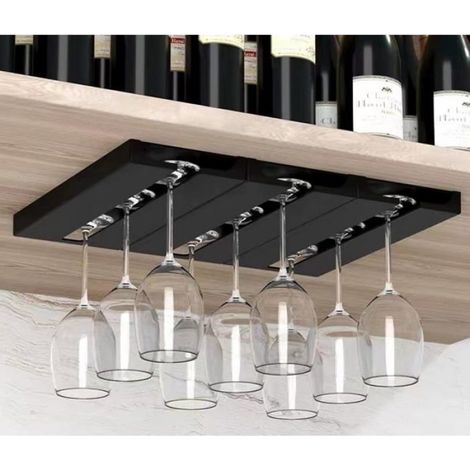 Porte-verres à vin en 2 pièces, sans perçage, en plastique, pour verres hauts. Étagère de rangement pour verres secs(noir). (1/4)