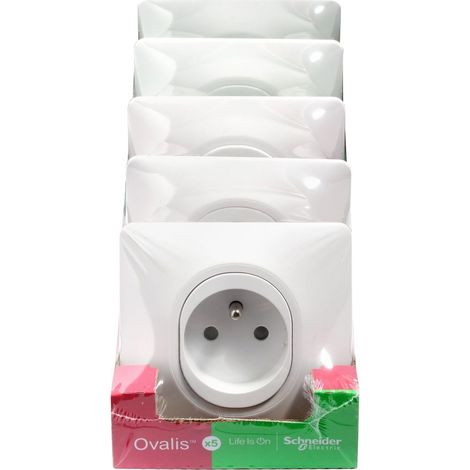 Paquete de 5 enchufes Ovalis con toma de tierra completa, SCHNEIDER ELECTRIC, blancos. SCHNEIDER ELECTRIC (1/5)