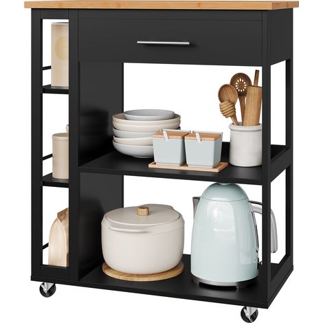 WOLTU Desserte à roulettes, Chariot de Rangement à roulettes, Étagère à 3 Niveaux avec Plan de Travail, Effet de Bambou + Noir (1/5)
