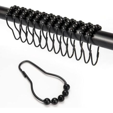 12 Pcs Morceau de Crochets de Rideau de Douche, avec Système Coulissant Anneaux de Rideau de Douche en Acier Inoxydable pour Tringle de Douche de Salle de Bain (Noir) (1/5)