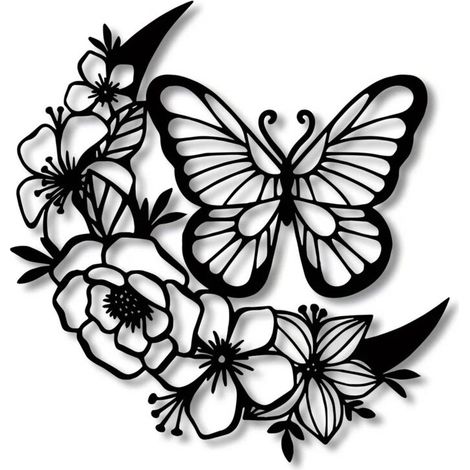 Black metal wall decoration in the shape of a moon, bohemian butterfly to hang for home, bedroom, bathroom, garden, yard, fence (moon butterfly)