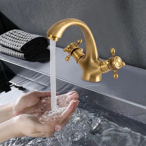 Waschtischarmatur aus Messing mit Zweigriff, Wasserhahn Bad Armatur Mischbatterie für Kaltes und Heißes Wasser, Retro Waschbecken Armaturen mit Keramikspule für Badezimmer (Antike Farbe)