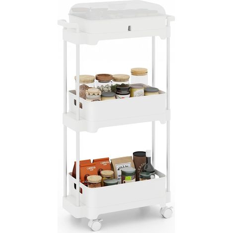 GOPLUS Chariot à 3 Niveaux, Organisateur de Rangement Multifonctionnel avec 3 Etagères Amovibles, Cadre en Alliage d'Aluminium, roulettes Verrouillables, pour Salle de Bain, Cuisine, Bureau, Blanc (1/5)