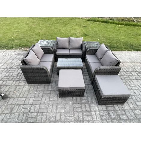 Fimous Salon de jardin 8 places Ensemble de canapés en rotin avec Canapé d'amour Table basse 2 Tables d'appoint 2 Grand tabourets Gris foncé mixte (1/5)