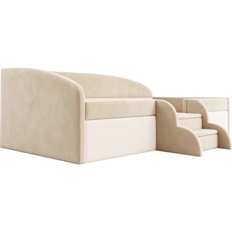 Lit enfant rembourré 90 x 190 cm en velours beige avec marches et barrières, sans matelas (1/5)