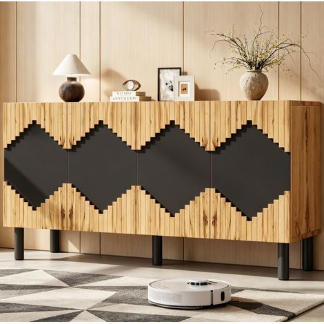 Buffet naturel et noir avec motif losange, ouverture push-open, 140x40x70 cm (1/5)