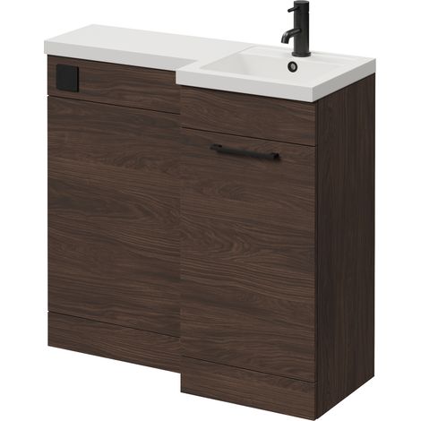 Napoli 390 Brown Oak 900mm Single Door Vanity Unit Toilet Suite with Right Hand Square Lucia Basin - 900mm - Matt Black 160mm HandleWithout Kingston Toilet Pan
