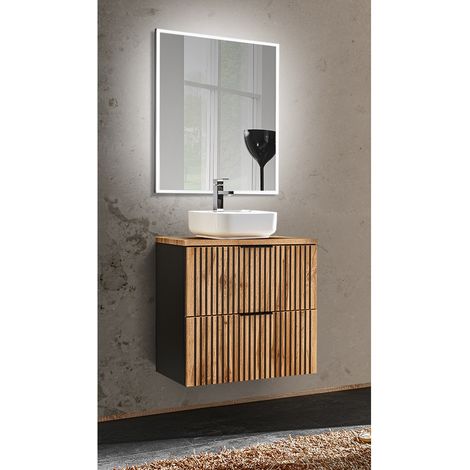 Waschplatz Set Gäste WC Waschtisch Unterschrank 60 cm Spiegel XANTEN-56 in anthrazit mit Eiche Nb. schwarz gerillt, B/H/T: 60,6/200/46,5 cm (1/5)