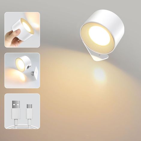 Applique Murale Interieur, LED Spots Muraux Murale Touch, 3 Niveaux de Luminosité 3 Température, Avec Port de Charge USB, Rotatifs à 360°, pour Chambre Chevet, Salon, Escalier, Couloir, 1 Pièce(Blanc) (1/4)