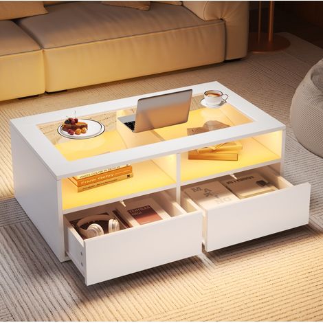 Table basse avec LED 100 x 50 x 35 cm, 2 tiroirs, plateau en verre trempé, blanc (1/5)