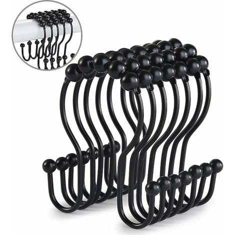 Shower Curtain Hooks, 12 Shower Curtain Rings, Rust-Resistant Stainless Steel Rollers, Anti-Drop Sliding Double Shower Hooks for Bathroom Shower Curtains (Black) (1/5)
