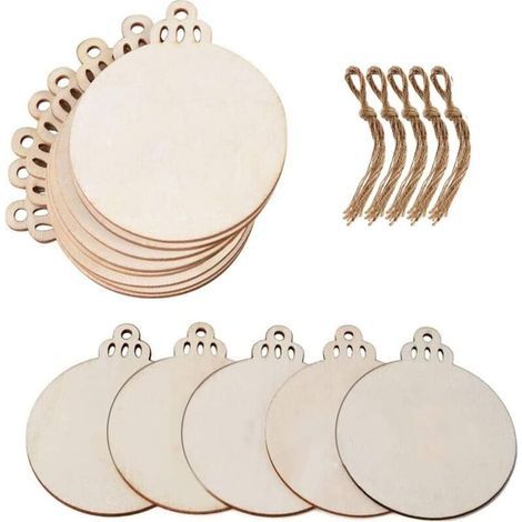 Lot de 50 Boules de Noël Rondes en Bois Vierges à Suspendre avec ficelles pour décoration de Vacances et Loisirs créatifs, étiquettes Cadeaux et décorations à Suspendre (1/5)