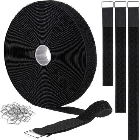 2 cm x 10 m Klettbänder mit 50 Metallschnallen, wiederverwendbare, auf Länge zuschneidbare Kabelbinder, verstellbare Befestigungsbänder, Nylon-Spannband, schwarz (1/4)