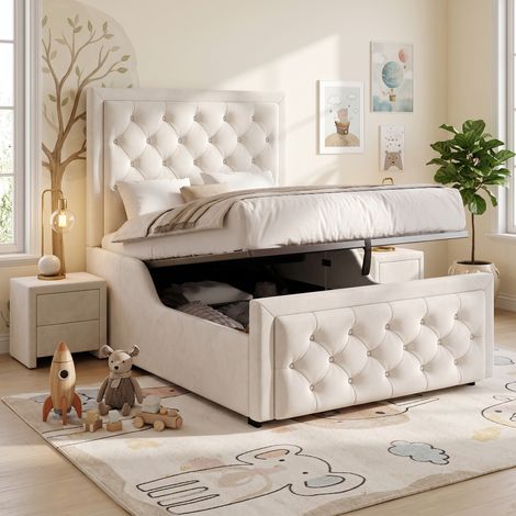 Upholstered bed, single bed, children's bed, 3ft-90 x 190cm, hydraulic bed, bed with headboard and large storage space, upholstered headboard, beige, velvet