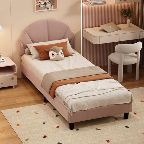 Kinderbett - Fächer-Modell - Rosa Samt - 90x200 cm - Verstellbares Kopfteil