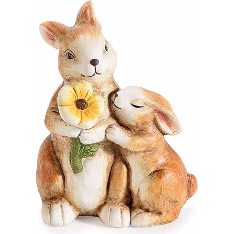 Coppie di coniglietti pasquali genitore / figlio in terracotta con fiore, set da 6 pezzi, cm 9,5 x 8 x 12 H
