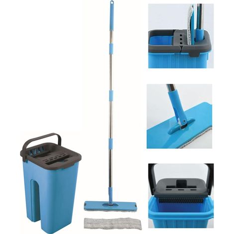 Ensemble Balai Serpillière + Seau Essoreur d’Auto-Nettoyage 4L + Serpillère de Rechange - Kit Lavage Tous Sols Maison, Carrelage, Parquet, Lino… - Bleu (1/5)