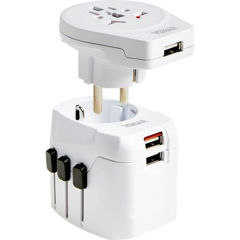 Vimar 0A32303B Adattatore universale da viaggio con 3 spine selezionabili, presa per spine standard UK, USA, EU, Australia, Cina, 3 prese USB e fusibile di protezione, Bianco (1/4)
