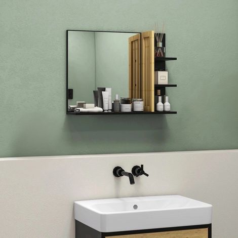 Rangement Miroir mural de salle de bain avec étagères de rangement - 3 latérales + 1 étagère inférieure - bois de bambou