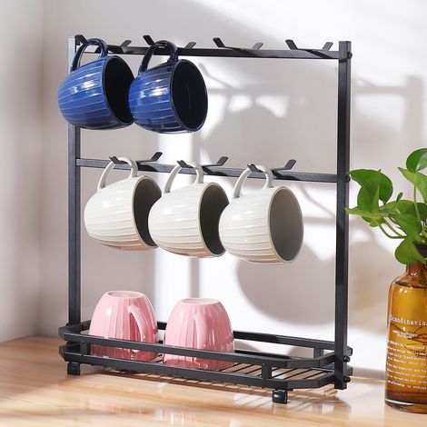 Porte-Tasses à Café en Métal 2 Niveaux, Support de Rangement pour 6 Tasses avec Plateau Égouttoir, Porte-Mugs de Cuisine Compact pour Comptoir, Noir, 42 x 15 x 43 cm (1/4)