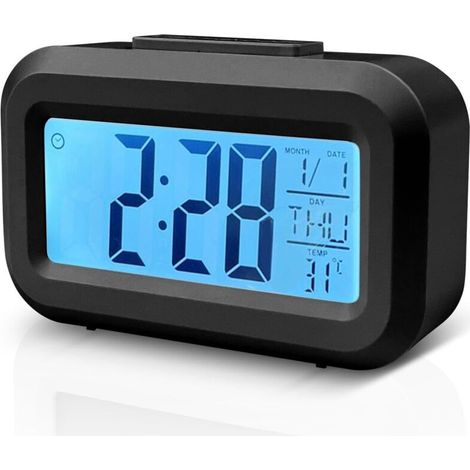LED digital clock with date and temperature, compact battery-operated alarm clock for office and bedroom (black) (1/5)